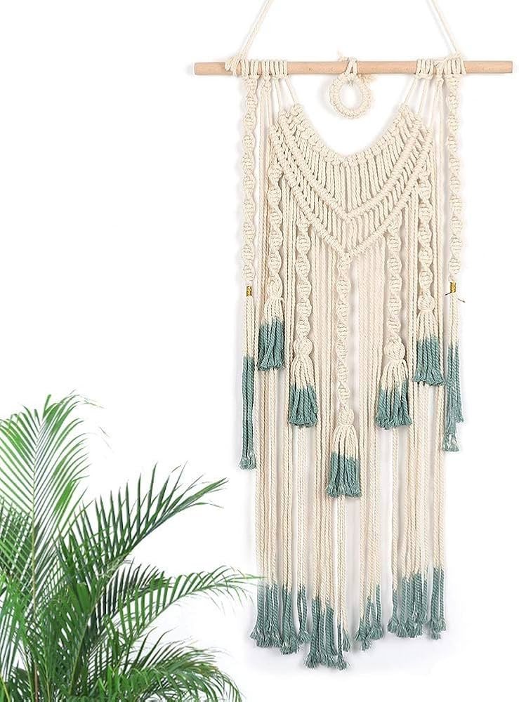Alynsehom Macrame Wall Hanging Green and Beige Woven Tapestry Boho Chic Tassels Pendant Hippie Bo... | Amazon (US)
