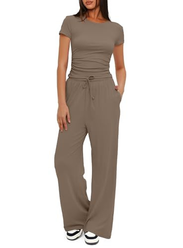 Darong Women's 2 Piece Set Outfits Lounge Sets Ruched Short Sleeve Tops High Waisted Wide Leg Pants Tracksuit Sets 9042A(inseam28-29) Light Khaki M | Amazon (US)
