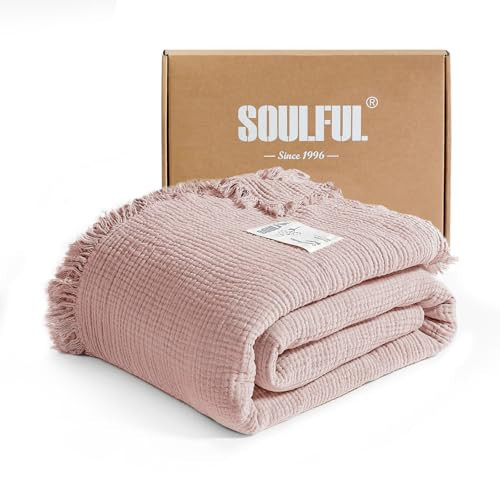 SOULFUL Muslin Throw Blanket with Tassels - Soft Queen Cotton Throw Blanket for Couch or Bed, Lightweight and Breathable Gauze for All Seasons, LightChampagne, 90" x 90" | Amazon (US)