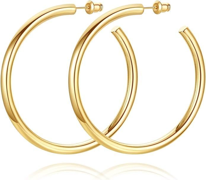 14K Gold Plated Chunky Gold Hoops High Polished Gold Hoop Earrings for Women | Amazon (US)