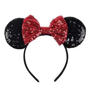 JIAHANG Black Mouse Ears Headband Red Sequin Bow Hair Band, Party Decoration Costume Headwear Hai... | Amazon (US)