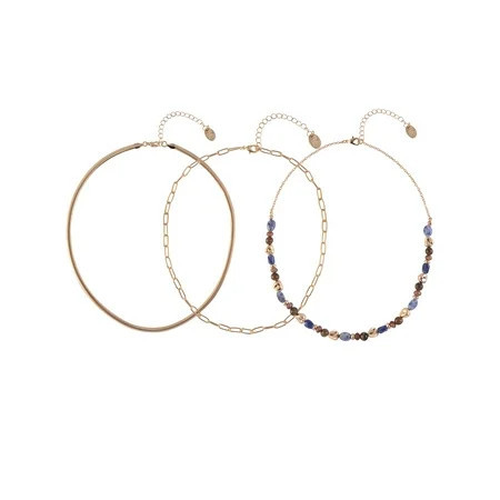 Time and Tru Women s Layered Blue and Brown Beads with Snake and Oval Chain Goldtone 3pc Necklace | Walmart (US)