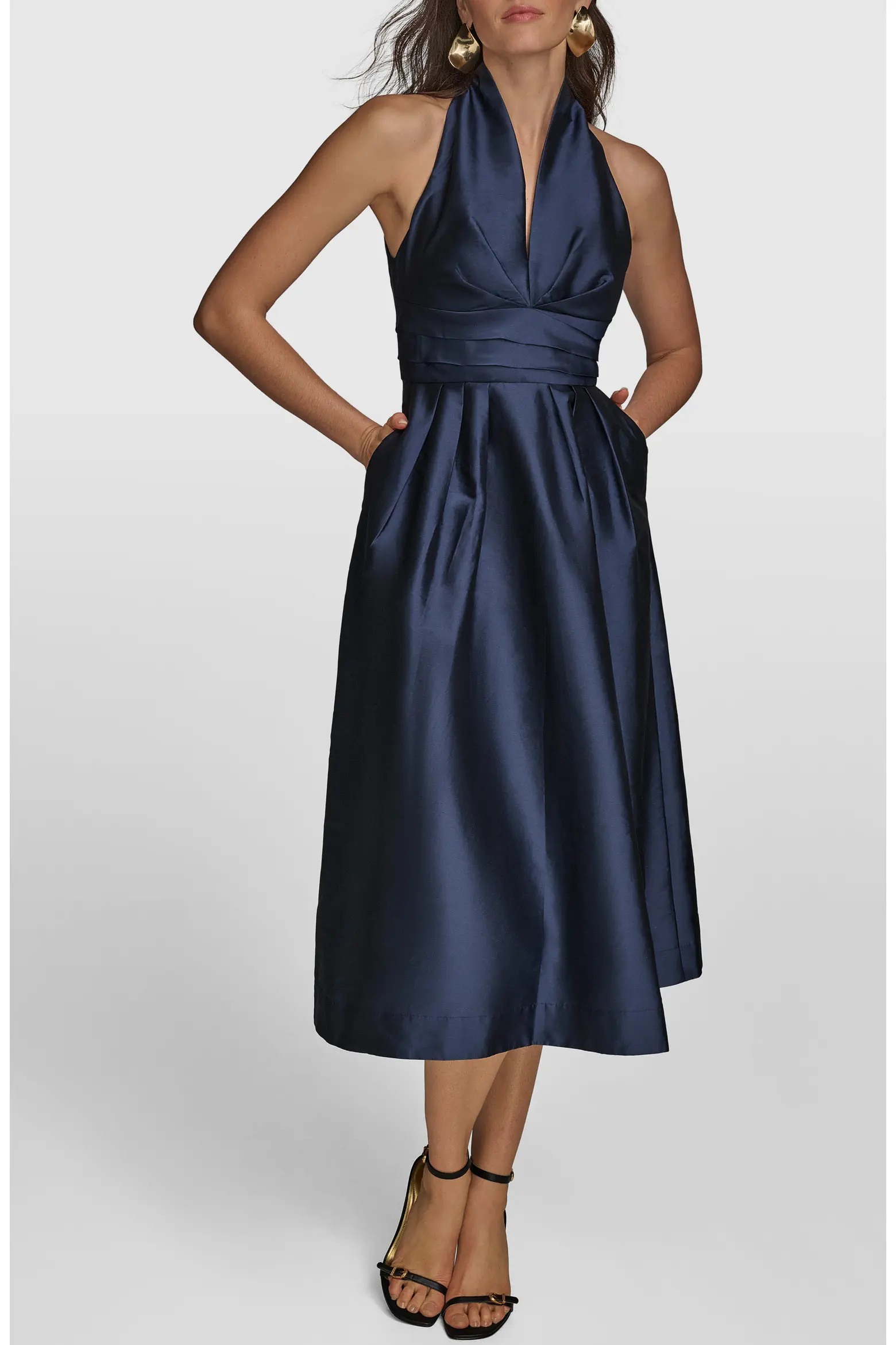 Donna Karan New York Plunge Neck Taffeta Midi Dress (Women) | Nordstrom | Nordstrom
