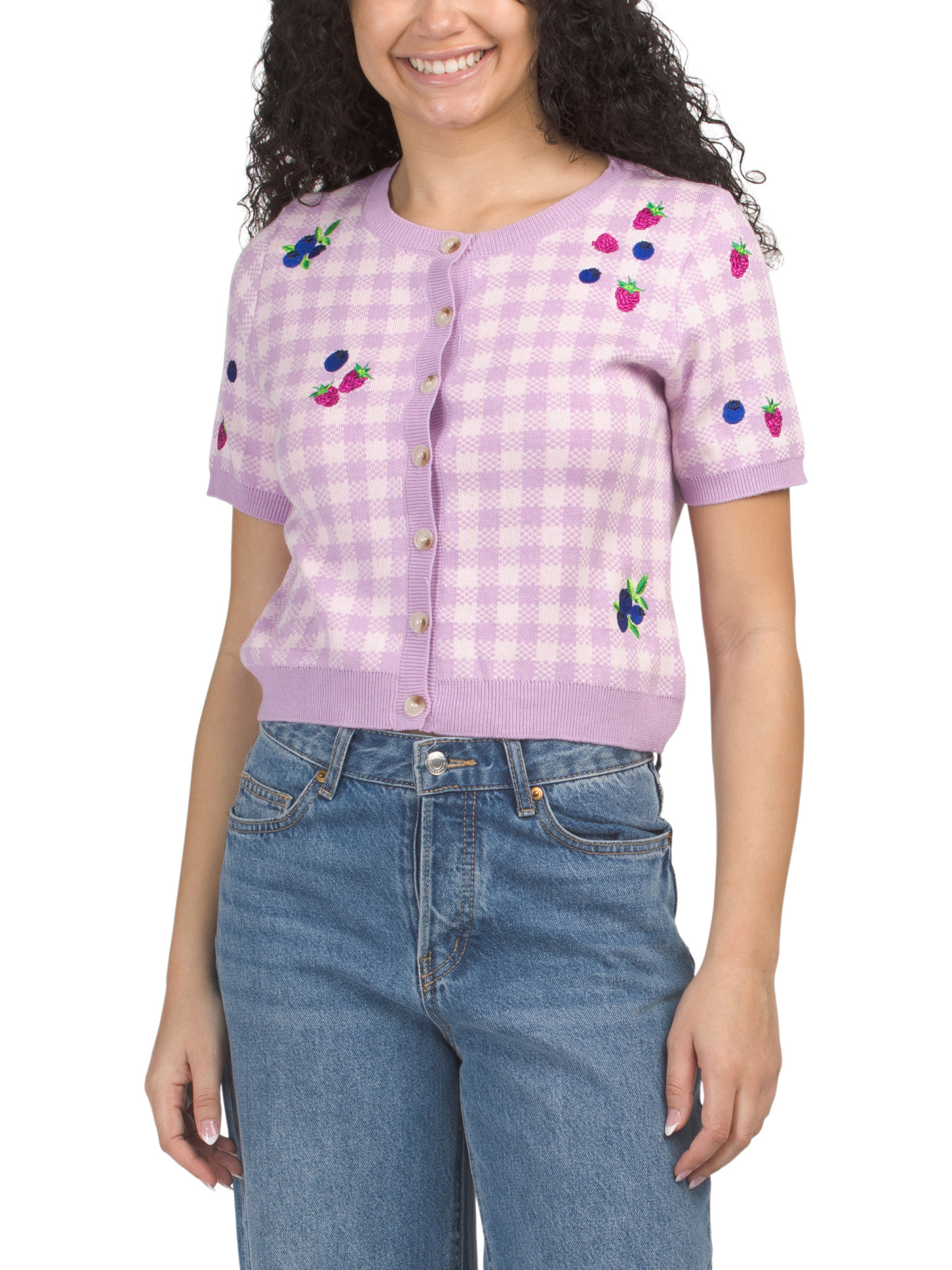 Blueberry Embroidered Gingham Sweater | Juniors | Marshalls | Marshalls