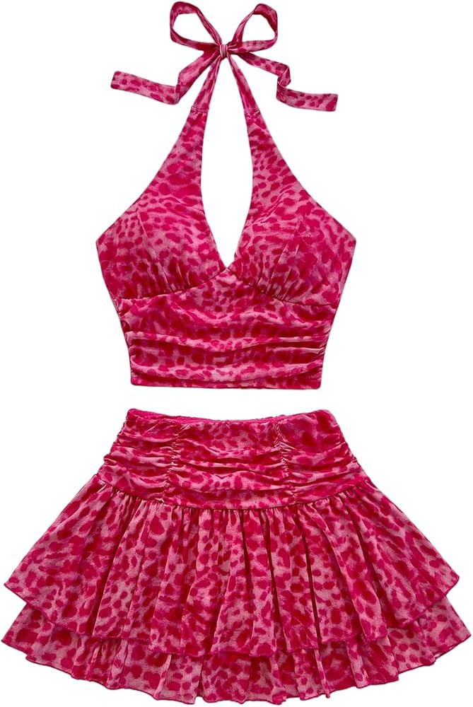 SHENHE Women's Y2k 2 Piece Vacation Set Leopard Halter Crop Top Layered Ruffle Mini Skirt Set | Amazon (US)