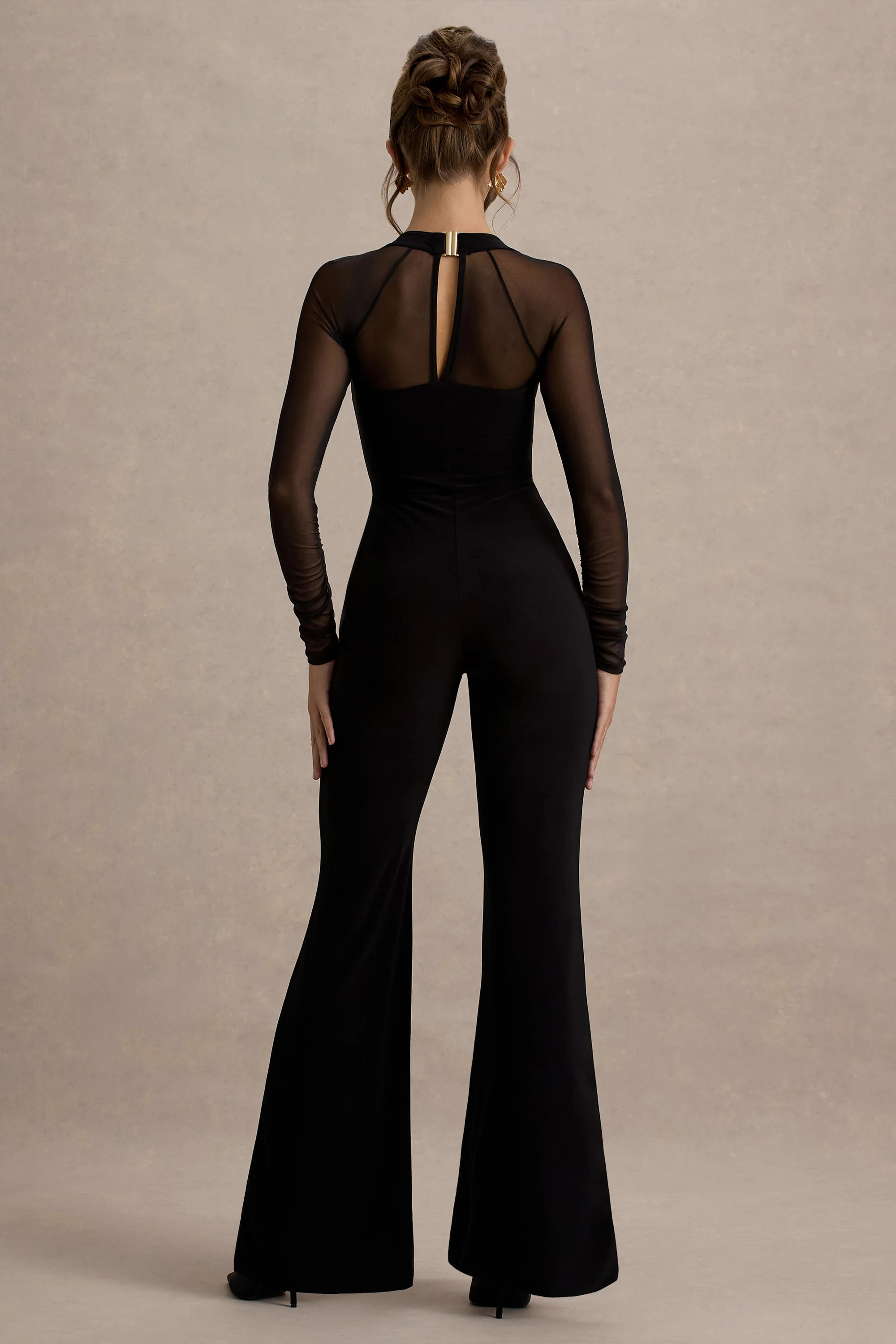 On Track | Black Flared-Leg Jumpsuit With Sheer Sleeves | Club L London