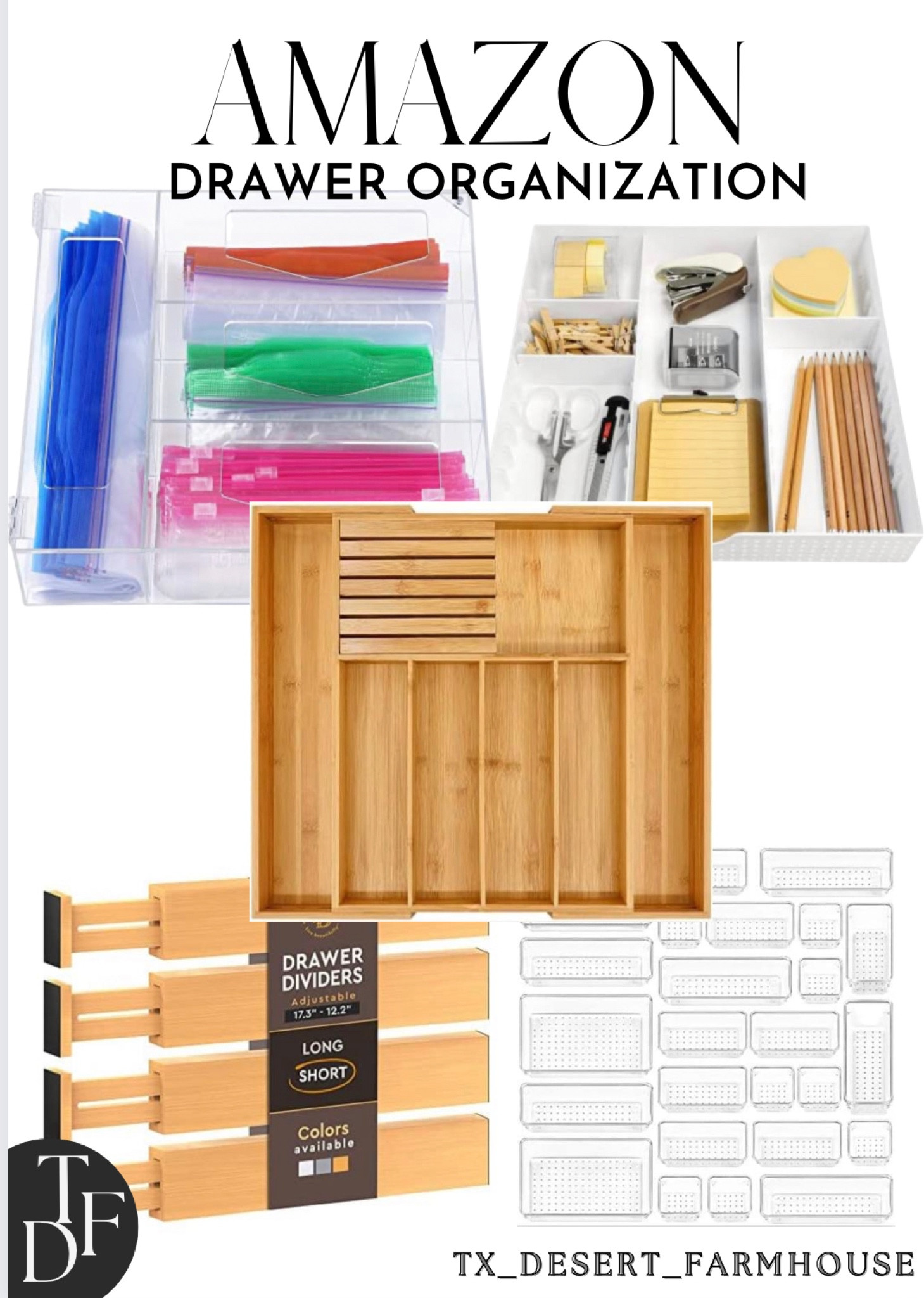 DRAWER ORGANIZATION 

#drawer #kitchendrawer #drawerorganization #trayorganizer #junkdrawer #utensils #clothesdivider #ragdivider #toweldivider #makeuporganization #bathroomdrawers #kitchendrawers #silverwaretray #dishtray #baggieorganizer #ziplockbagorganizer #bagorganizer #acrylicdrawerorganizer #acrylicsrawertrays #drawertrays #homeorganization #trayorganization #homedeclutter #declutter #organized #homemakeover #homedesign #

Vtopmart 25 PCS Clear Plastic Drawer Organizers Set, 4-Size Versatile Bathroom and Vanity Drawer Organizer Trays, Storage Bins for Makeup, Jewelries, Kitchen Utensils and Office

CAXXA 3 Slot Drawer Organizer with 3 Adjustable Dividers - Junk Drawer Storage for Makeup & Vanity, Office Desk Supplies and Accessories (WHITE, 1 PACK)

VaeFae Bamboo Silverware Drawer Organizer Kitchen, Expandable Utensil Holder and Cutlery Tray with Divider | 13"-21.6" Flatware Storage and Removable Knife Block

Storage Bag Organizer, Acrylic Food Storage Bag Organizer, Baggie Storage Organizer for Drawer, Plastic Bag Organizer, Bag Container Organizer Compatible with Ziploc, Solimo, Hefty, Glad, GreatValue

Adjustable Bamboo Drawer Dividers Organizers - Fits Standard Drawers Sized 12.2" Upto 17.3"- Expandable Kitchen Drawer Organizer Separator for Utensils, Dresser, Clothes, Bedroom, Bathroom 4pk, Natural

#LTKunder50 #LTKfamily #LTKhome