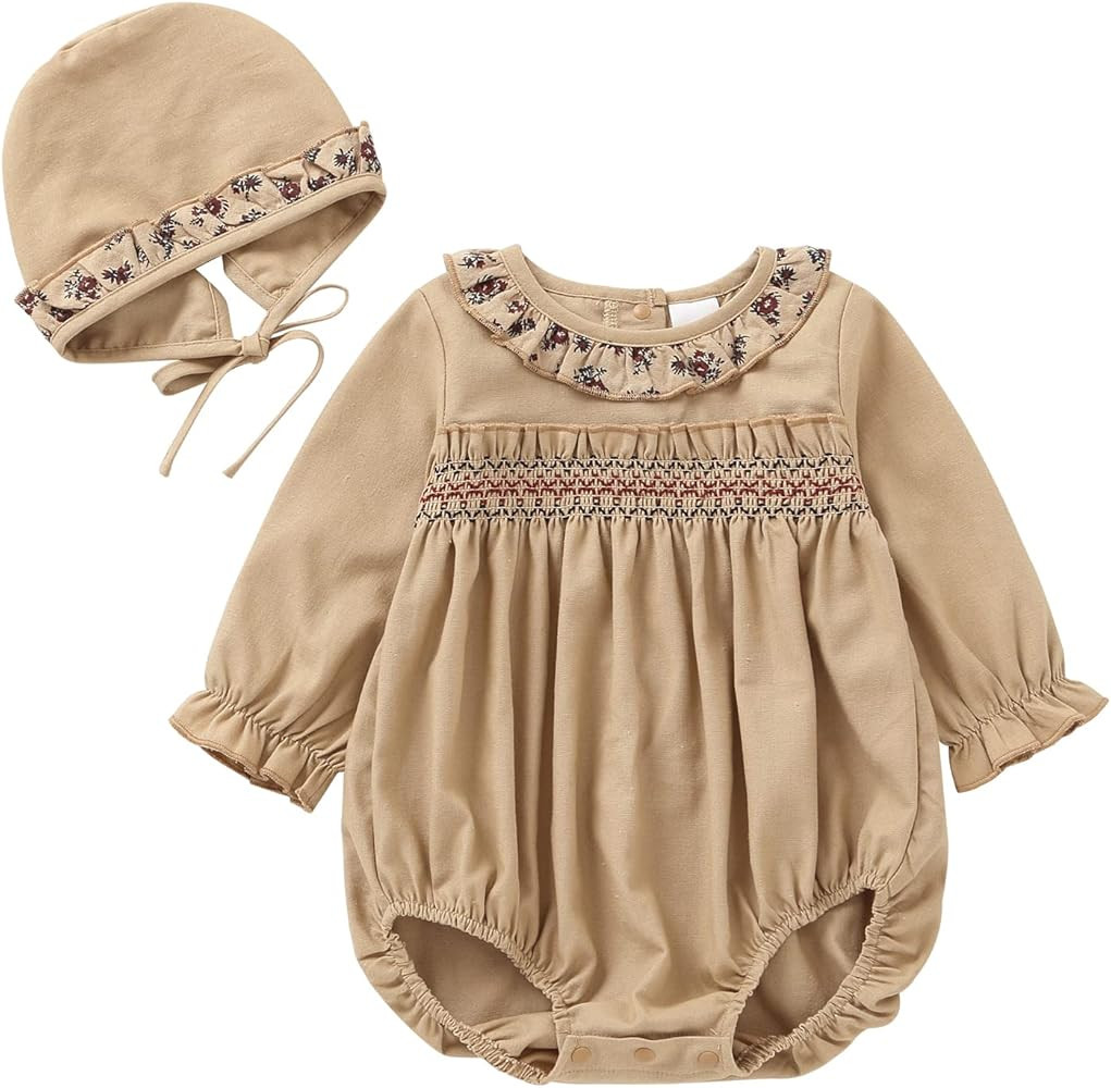 Baby Girl Clothes Long Sleeve Bubble Romper Spring Summer Toddler Girl Clothing with Bonnet | Amazon (US)