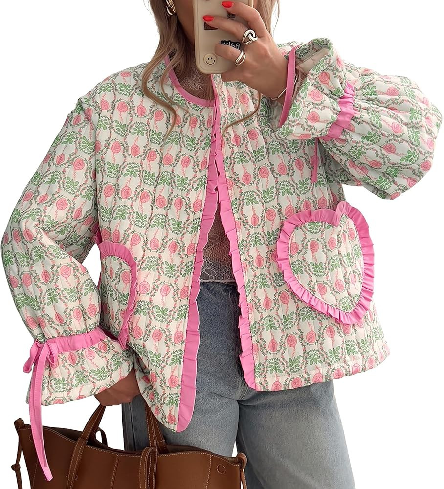 Quilted Jackets for Women Cropped Puffer Jacket Lightweight Floral Print Open Front Vintage Jacke... | Amazon (US)