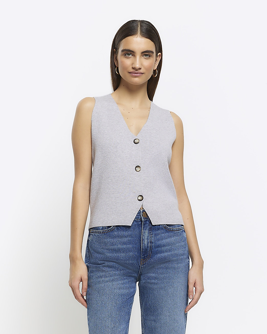 Grey knit button up waistcoat | River Island (UK & IE)