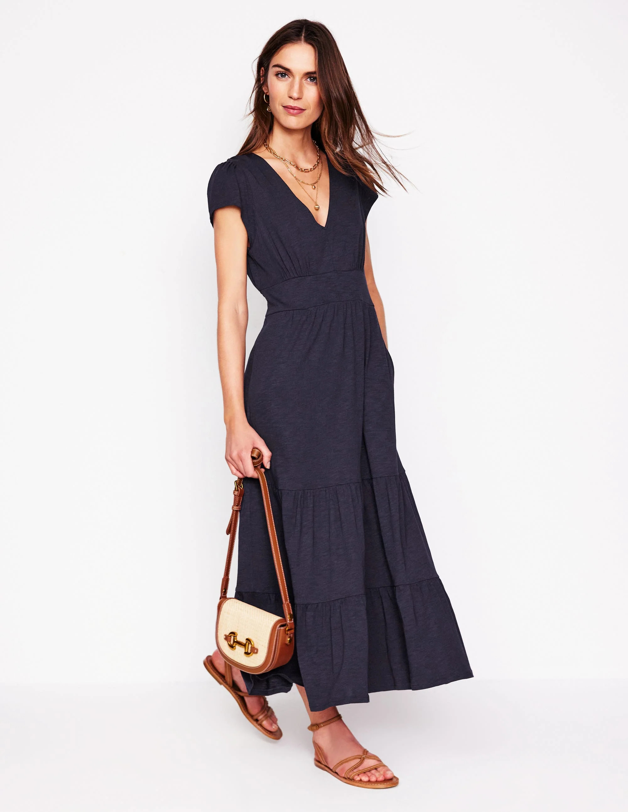 Eloise Tiered Jersey Dress-Navy | Boden UK
