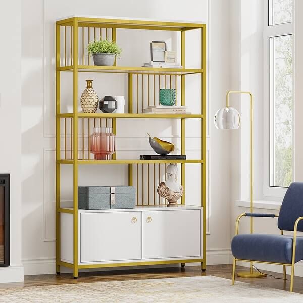 Bookshelf Bookcase, Gold 5-Open Shelf Etagere Bookcase with 2 Drawers for Display and Storage- Go... | Bed Bath & Beyond