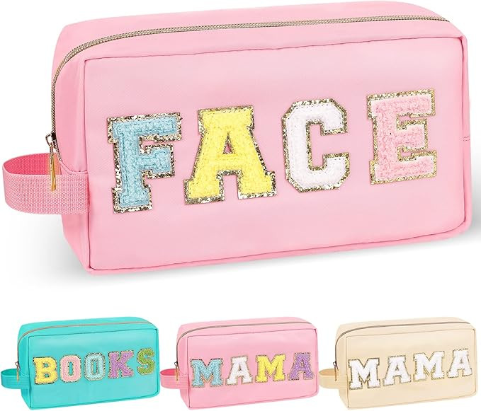 Chenille Letter Makeup Bag Face Pouch, Nylon Preppy Patch Makeup Bag Small Travel Makeup Zipper P... | Amazon (US)