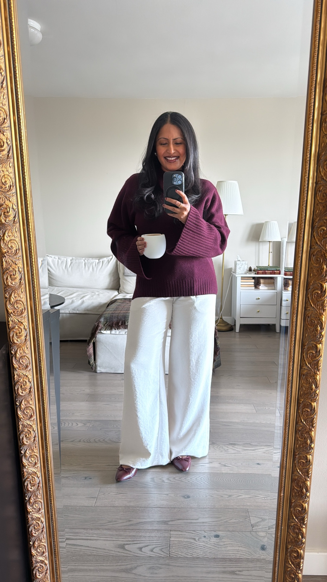Cozy winter at home outfit in a burgundy cashmere sweater and crepe high-rise wide-leg pants ☕️❄️ 

#LTKootd #LTKOver40 #LTKgrwm