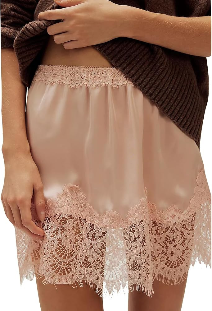 Women Lace Trim Silk Mini Skirt Y2k Lacy Satin A Line Half Silp Short Skirt Cute High Waist Under... | Amazon (US)