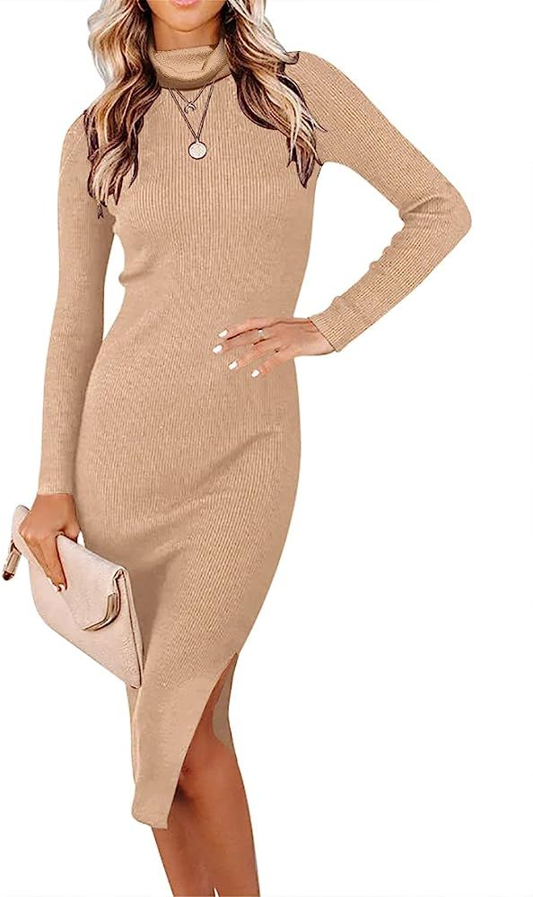 ANRABESS Women's Long Sleeve Ribbed Sweater Dress Turtleneck Slim Fit Slit Midi Dress | Amazon (US)