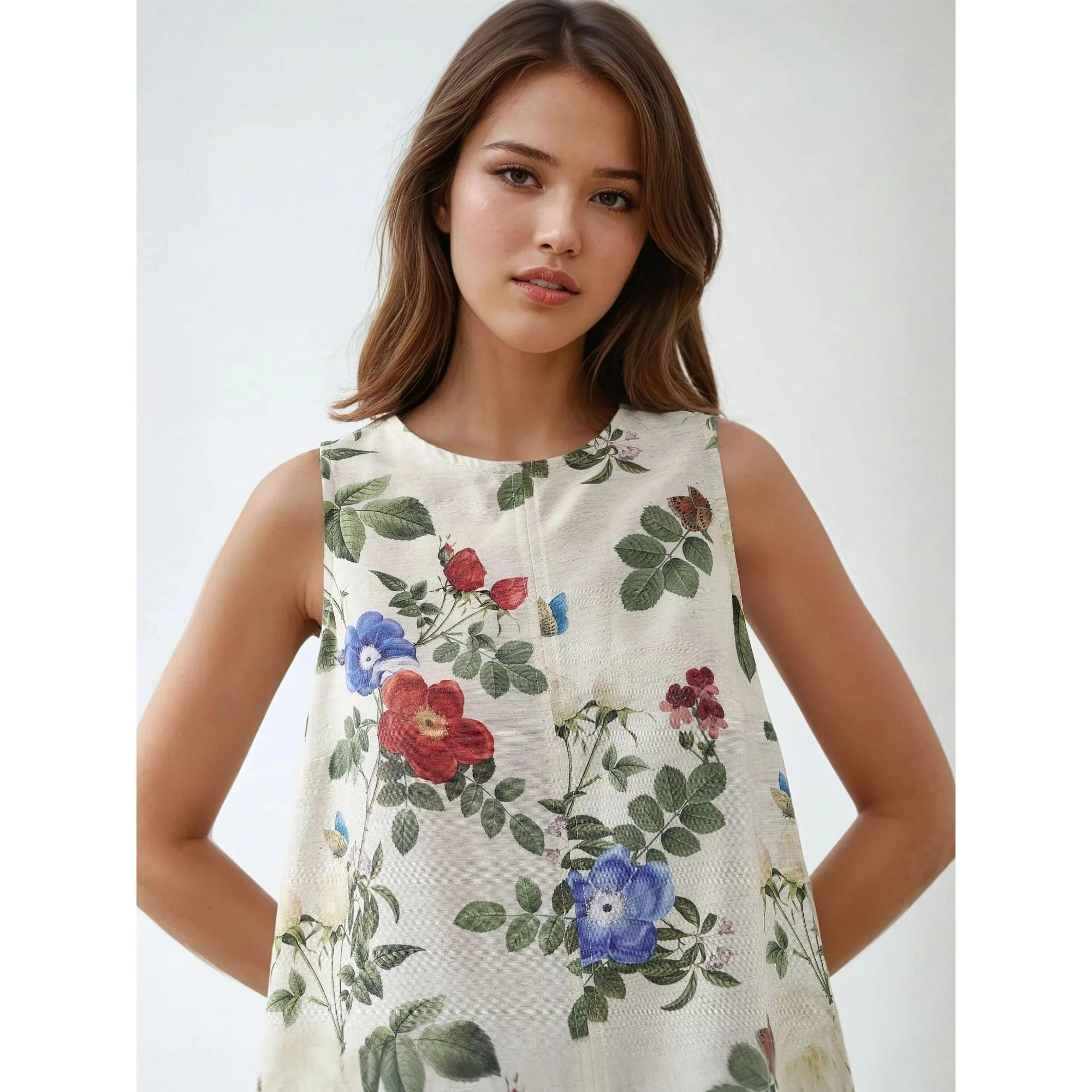 Linen Feel Sleeveless Crew Neck Midi Dress | Walmart (US)