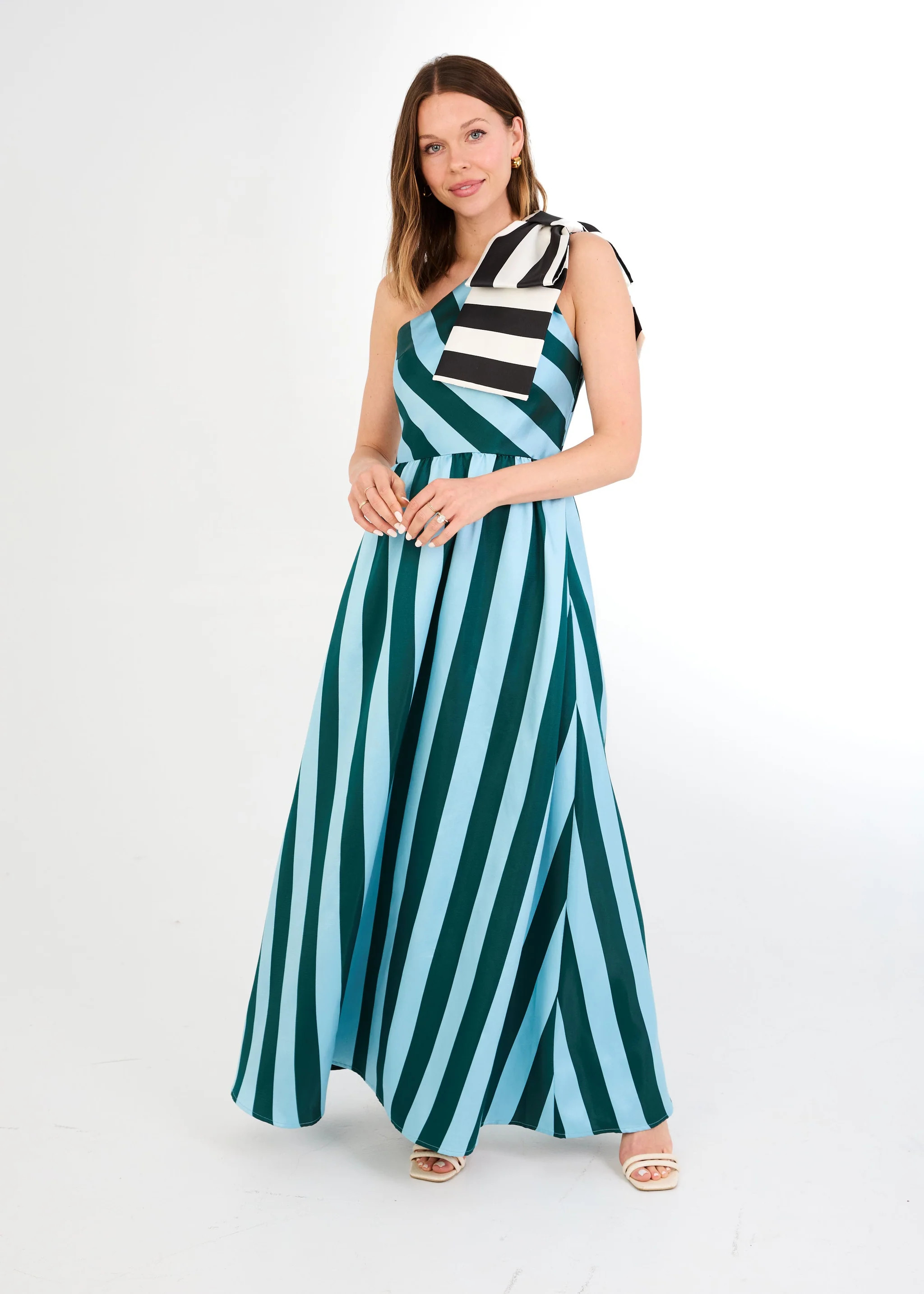 Caroline Gown Blue Stripe Mikado | Abbey Glass