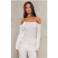 Petite Cream Knitted Long Sleeve Off The Shoulder Long Top | PrettyLittleThing US