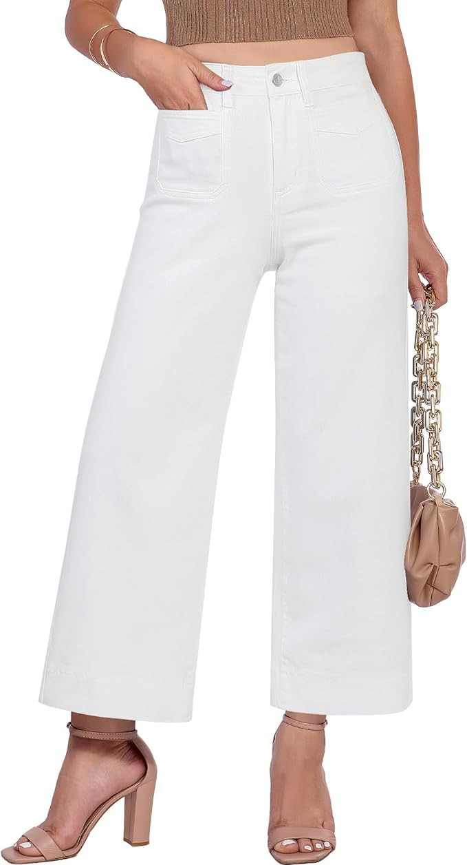 GRAPENT Cropped Jeans for Women Trendy 2026 Wide Leg High Waisted Patch Pocket Stretchy Denim Pan... | Amazon (US)