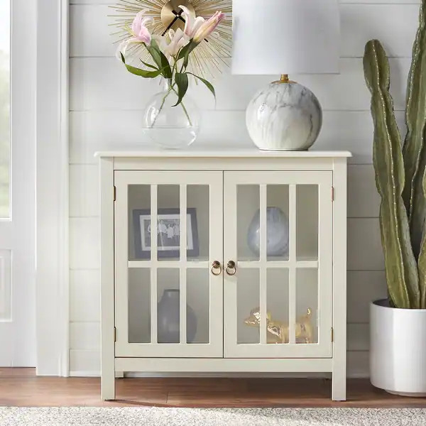 Simple Living Portland 2-Door Glass Cabinet - Antique White | Bed Bath & Beyond