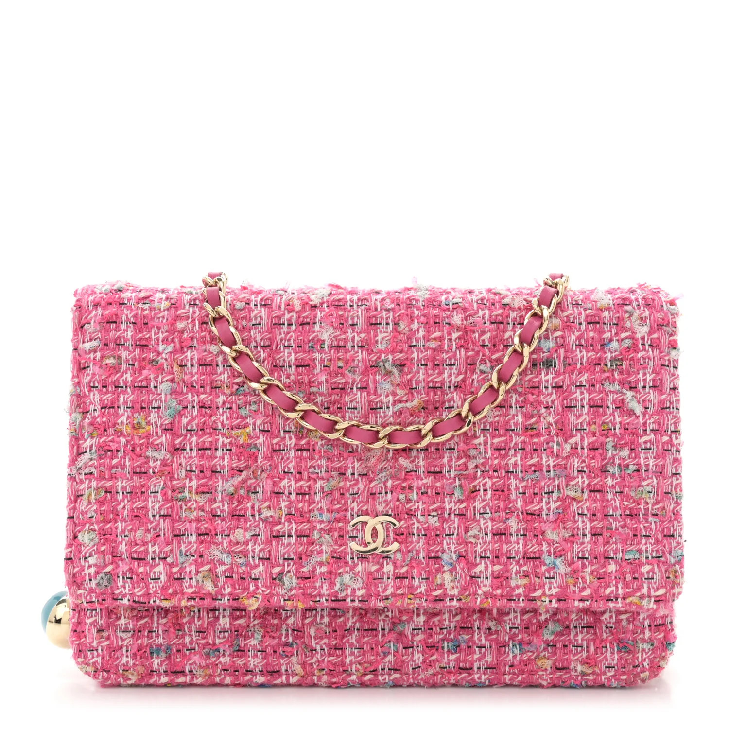 Tweed Quilted Wallet On Chain WOC Pink Blue White | FASHIONPHILE (US)