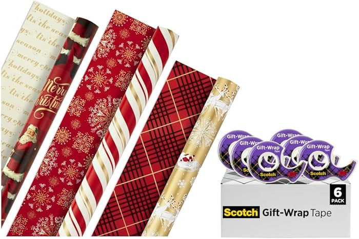 Hallmark Christmas Wrapping Paper Rolls and Scotch Gift-Wrap Tape (Set of 3 Reversible Gift Wrap ... | Amazon (US)