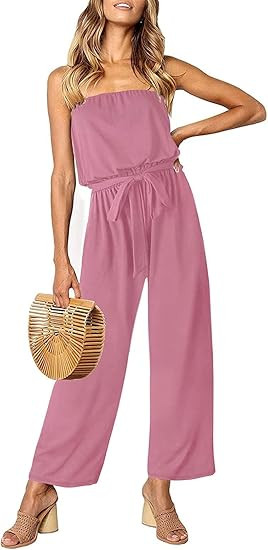 ZESICA Women's Casual Off Shoulder Solid Color Strapless Belted Wide Leg Jumpsuit Romper | Amazon (US)