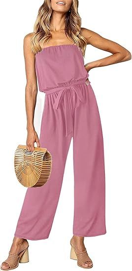 ZESICA Women's Casual Off Shoulder Solid Color Strapless Belted Wide Leg Jumpsuit Romper | Amazon (US)