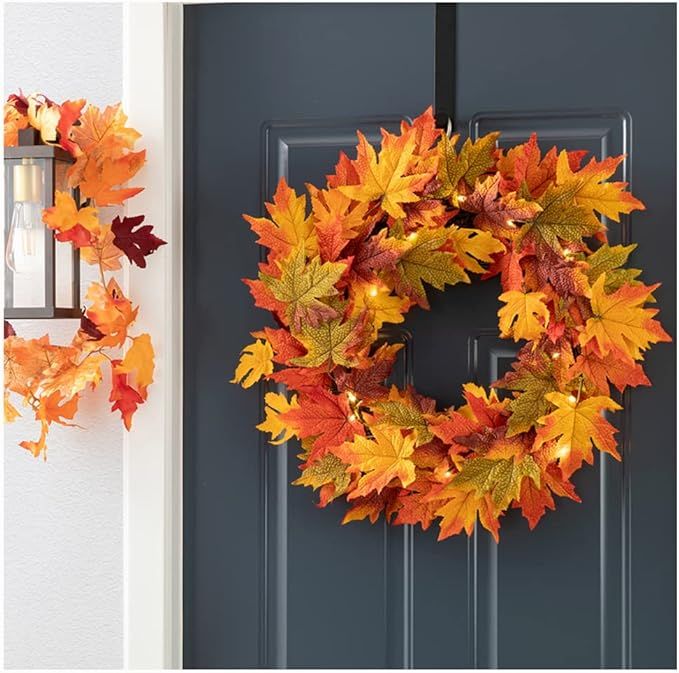 glitzhome 24" Pre-lit Fall Maple Leaves Wreath, Artifical Fall Wreath with LED Lights Hanging Aut... | Amazon (US)