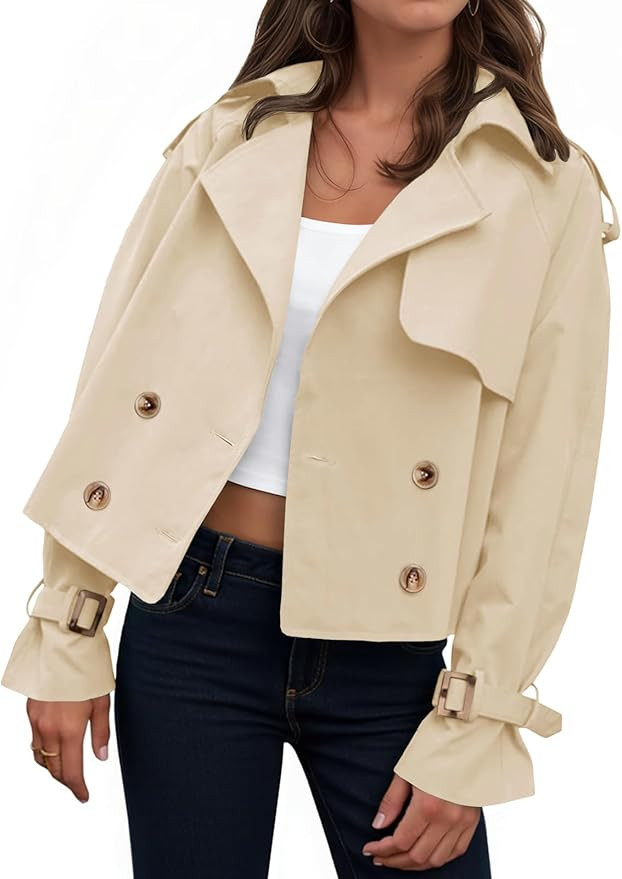 Tankaneo Womens Cropped Trench Coat Oversized Double Breasted Lapel Long Sleeve Short Jacket Fash... | Amazon (US)