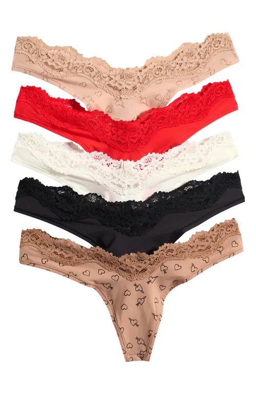 SKIMS 5-Pack Fits Everybody Lace Dipped Thong in Onyx And Sketched Hearts at Nordstrom, Size Xx-Small | Nordstrom