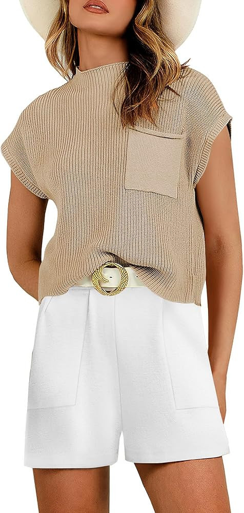 ATHMILE Women's Two Piece Outfits Sweater Short Sets Knit Pullover Tops and Shorts Lounge Set Tra... | Amazon (US)