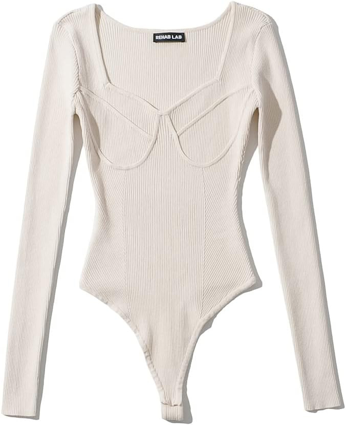 efvandoloe Sexy Square Collar Elastic Slim Bodysuits Women Long Sleeve Bright Line Knitted Jumpsu... | Amazon (US)