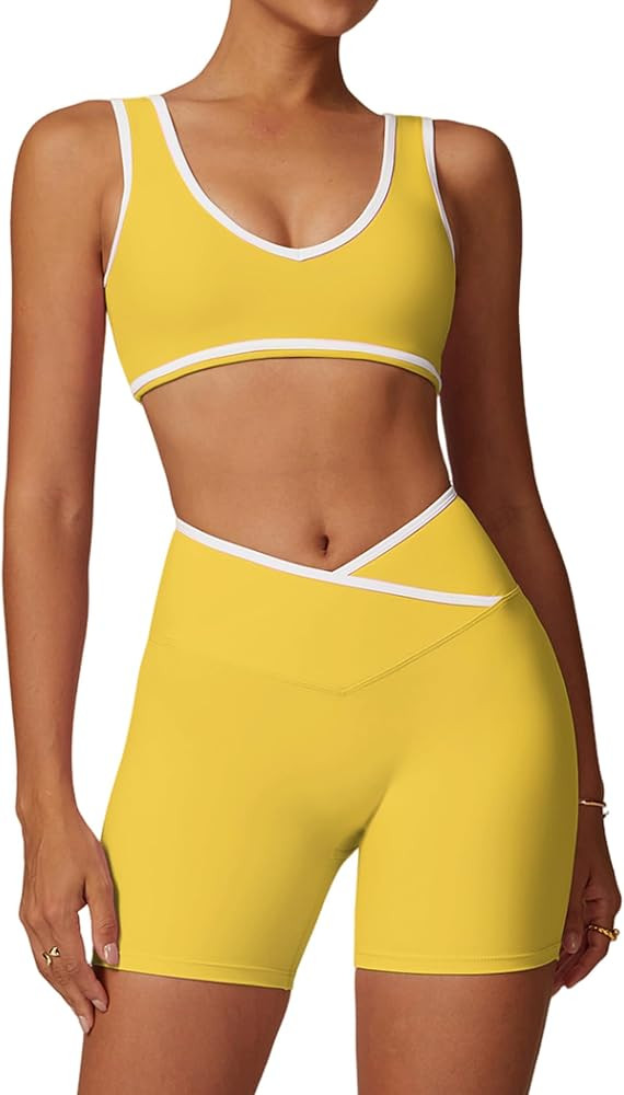 QBGJTD Two Piece Workout Sets for Women Color Block Sports Bra and Scrunch Butt Lifting Shorts Gy... | Amazon (US)
