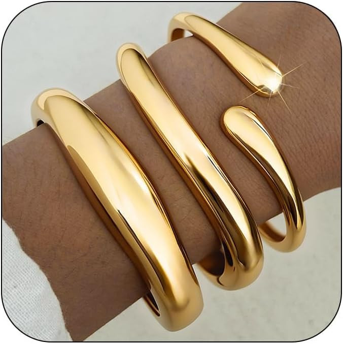 Chunky Gold Bangles for Women, 14k Gold Plated Twisted Hinged Stackable Bangle Bracelet Set, Tren... | Amazon (US)