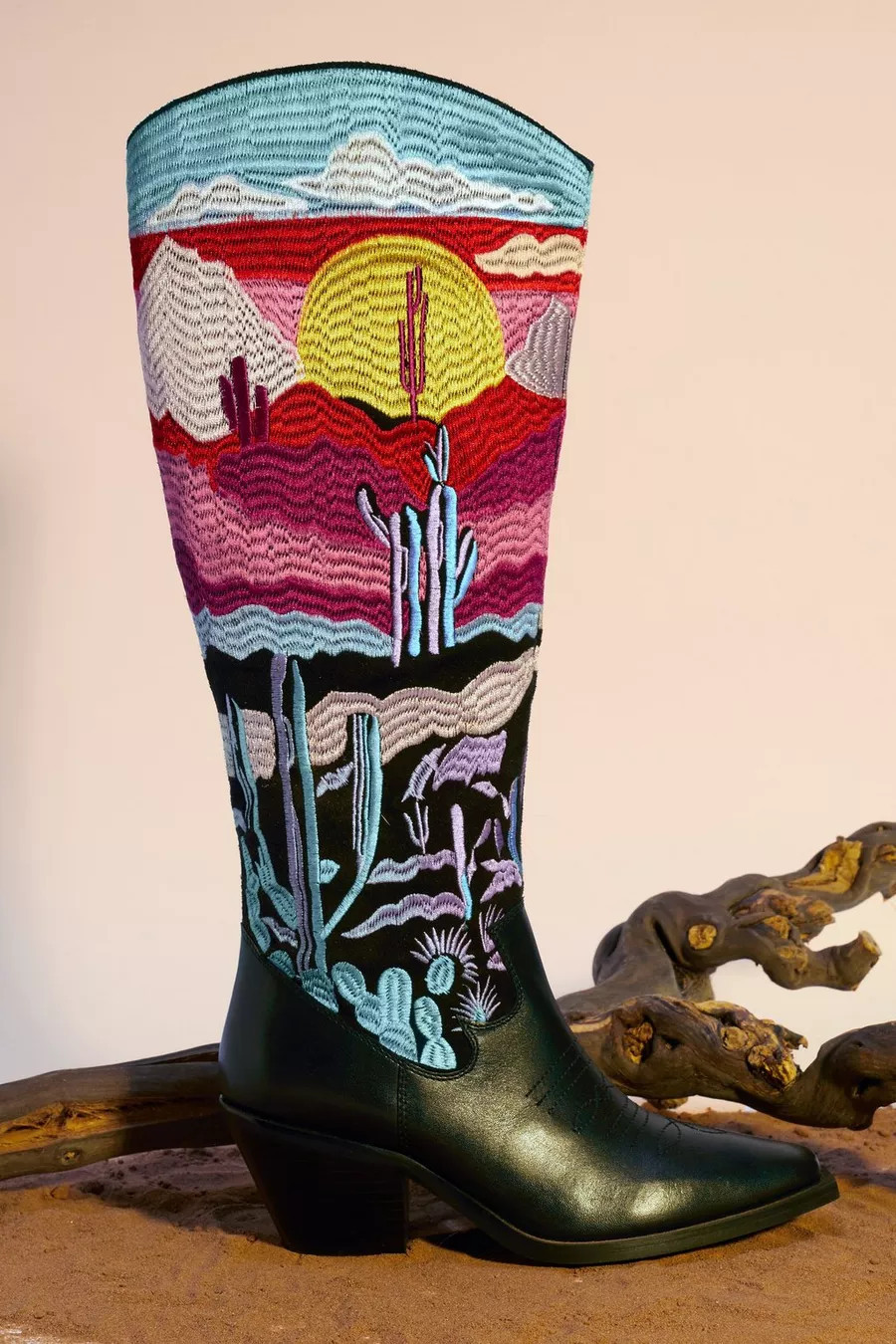 Leather Embroidered Landscape Print Knee High Cowboy Boot | Nasty Gal (US)