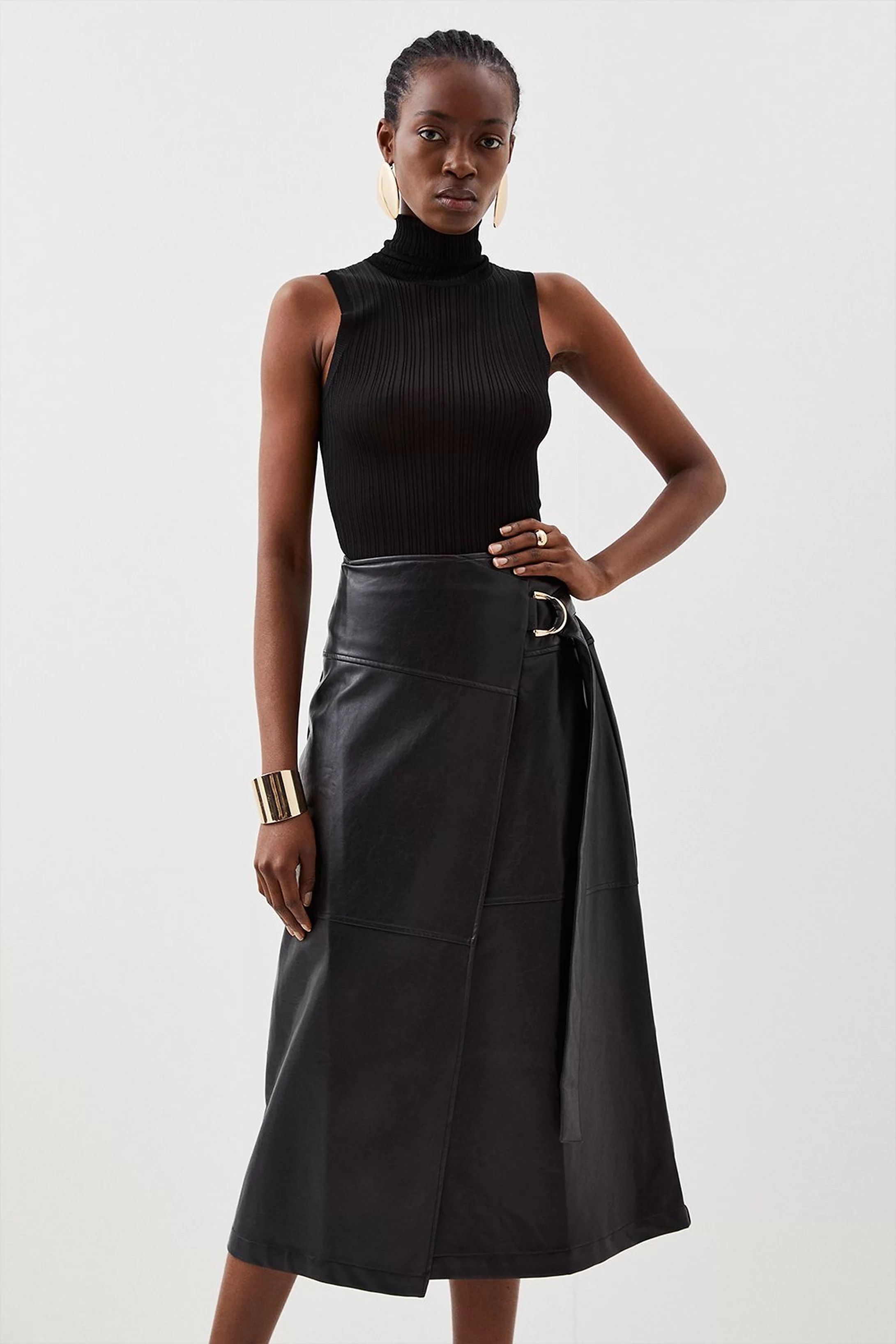 Faux Leather Tie Detail Wrap Midi Skirt | Karen Millen US