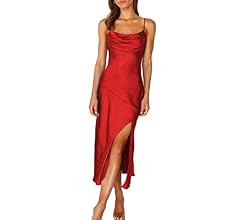 Satin Silk Slip Maxi Dress for Wedding Guest Women- Cowl Neck Pleated Bust Split Wedding Guest Co... | Amazon (US)