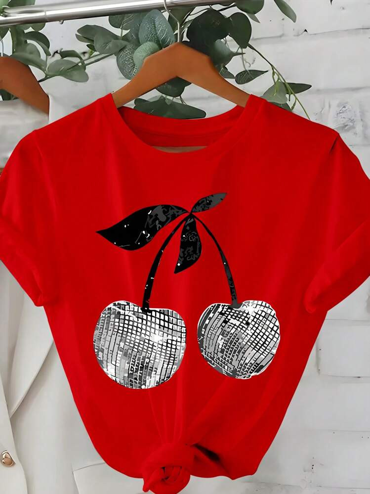 SHEIN CURVE+ Plus Size Women Cherry Print Round Neck Short Sleeve Casual T-Shirt | SHEIN