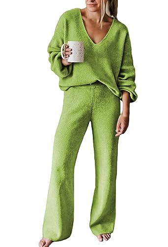 Viottiset Women's 2 Piece Outfits Casual V Neck Knit Wide Leg Sweater Lounge Set Sweatsuit | Amazon (US)