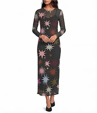 Never Fully Dressed Star Soho Printed Mesh Round Neck Long Sleeve Midi Dress -  8 | Dillard's
