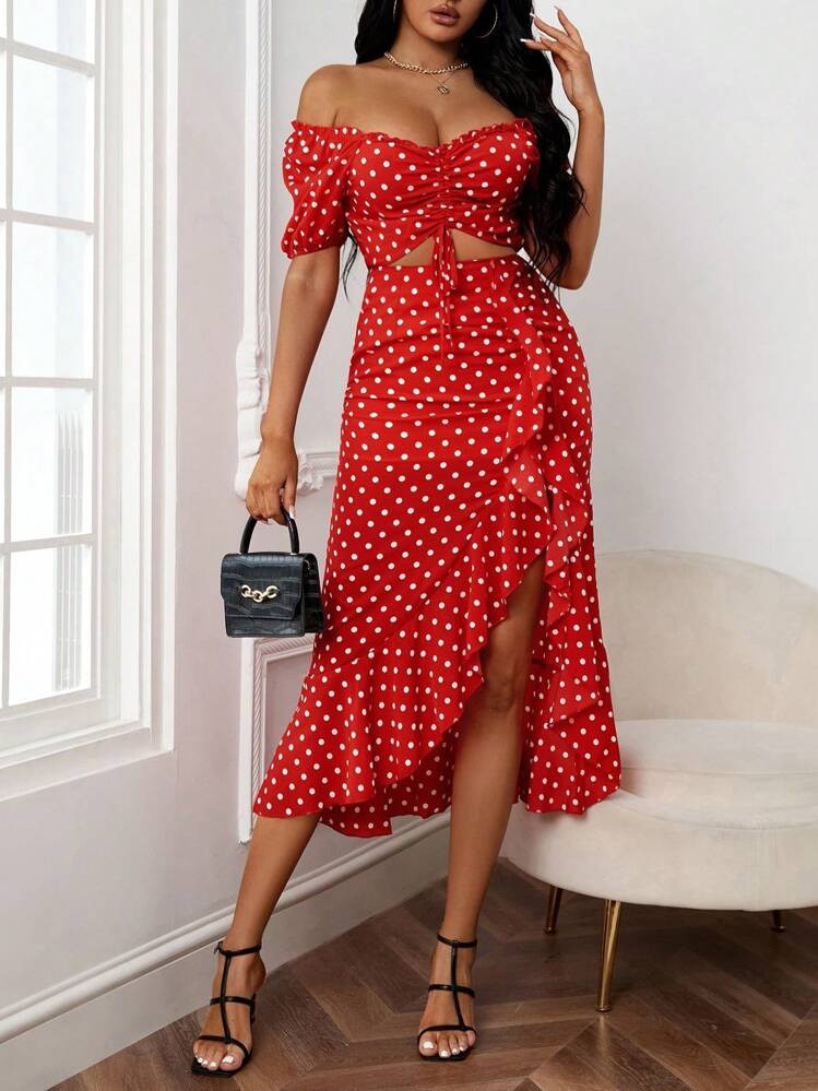 Rafferiza Polka Dot Off Shoulder Drawstring Crop Top & Ruffle Asymmetrical Hem Skirt For New Year Clothes | SHEIN