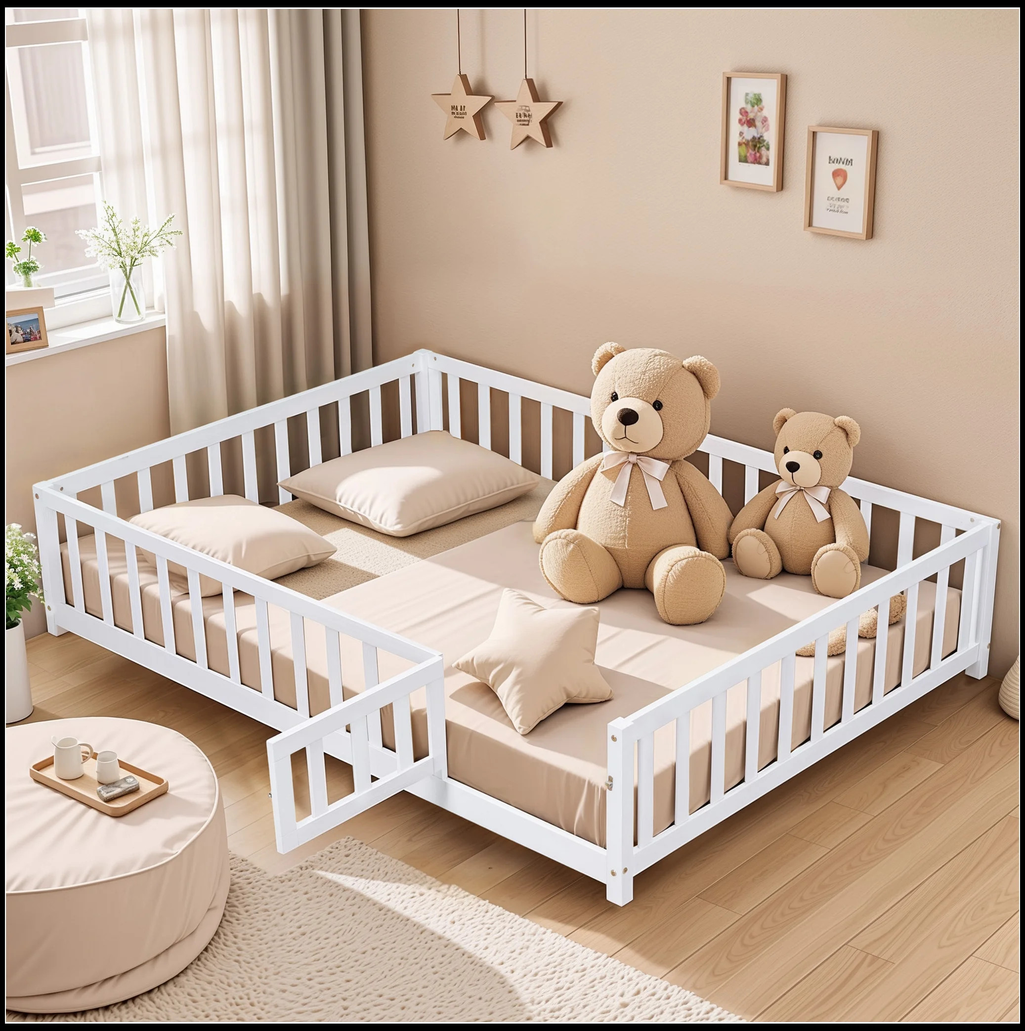 Full Size Floor Platform Bed with Fence and Door for Kids,Wooden Floor Bed White - Walmart.com | Walmart (US)