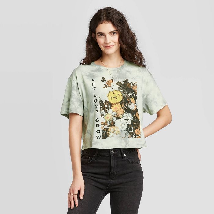 Women's Let Love Grow Short Sleeve Washed Cropped T-Shirt - Mighty Fine (Juniors') - Light Green | Target