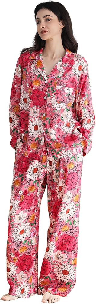 Pajamas for Women Set 2 Piece Long Sleeve Printing Loungewear Button Down Soft Pjs Sleepwear with... | Amazon (US)