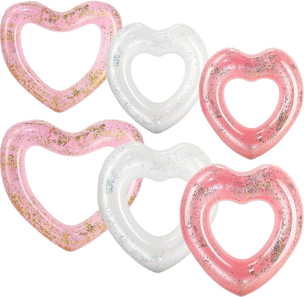 6 Pcs Valentine's Day Heart Pool Float, 43"/31" Inflatable Glitter Heart Floatie Tubes Heart Bach... | Amazon (US)