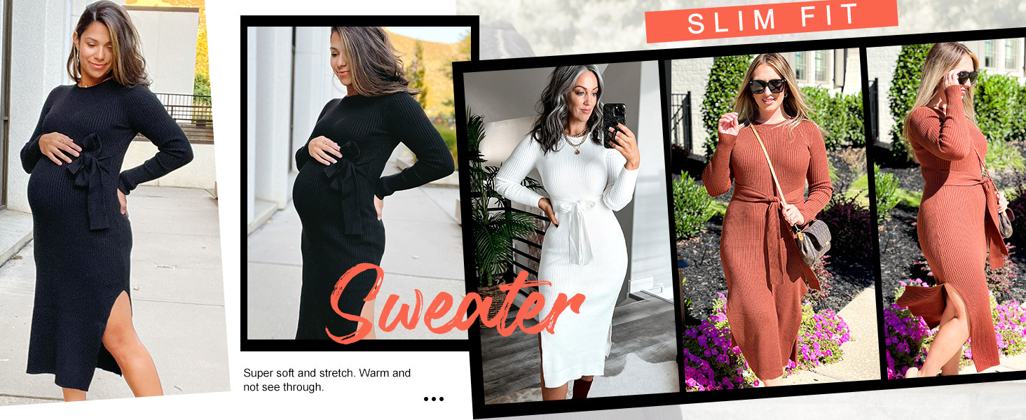 Caracilia Women's Crew Neck Long Sleeve Midi Sweater Dress Elegant Side Slit Rib Knit Slim Tie Wa... | Amazon (US)