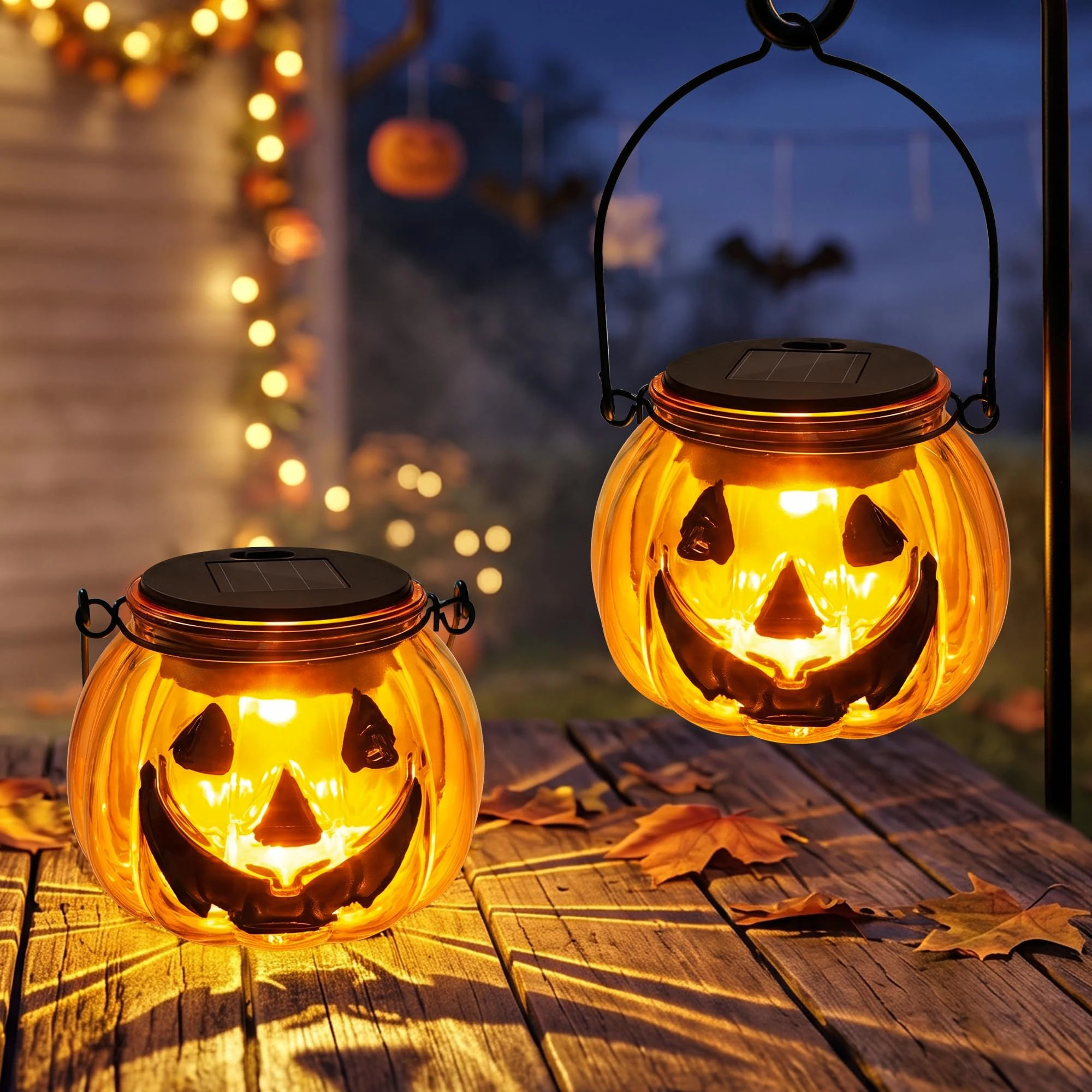 Angel Sar 2 Pcs Glass Hanging Halloween Pumpkin Solar Lantern Orange Jack O Lantern with Spooky Grin Projection Auto On Off IP44 Waterproof Warm Glow Tabletop Outdoor | Lowe's
