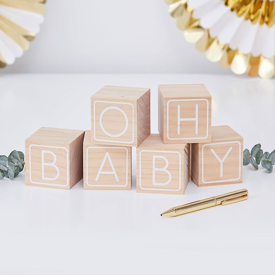 Ginger Ray Wooden Oh Baby Building Block Shower Guestbook Keepsake 6 Pack, Brown | Amazon (US)